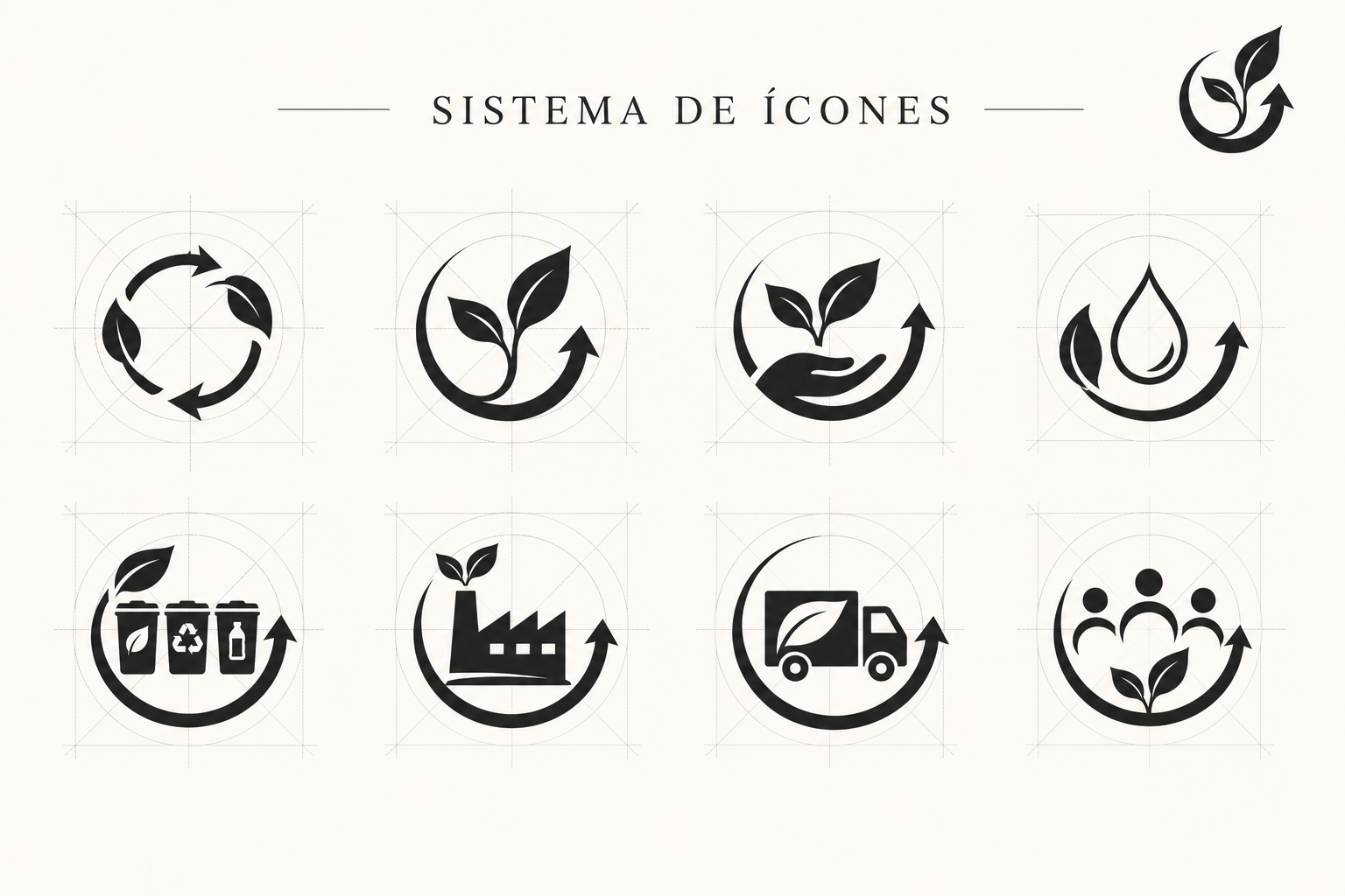 Apapesse icon system showing recycling, growth, care, water, collection, industry, transport and community
