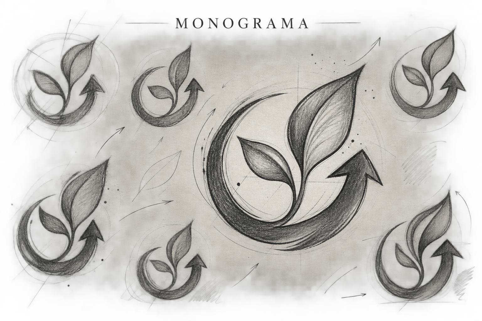 Apapesse monogram development sketches with leaves and a circular arrow