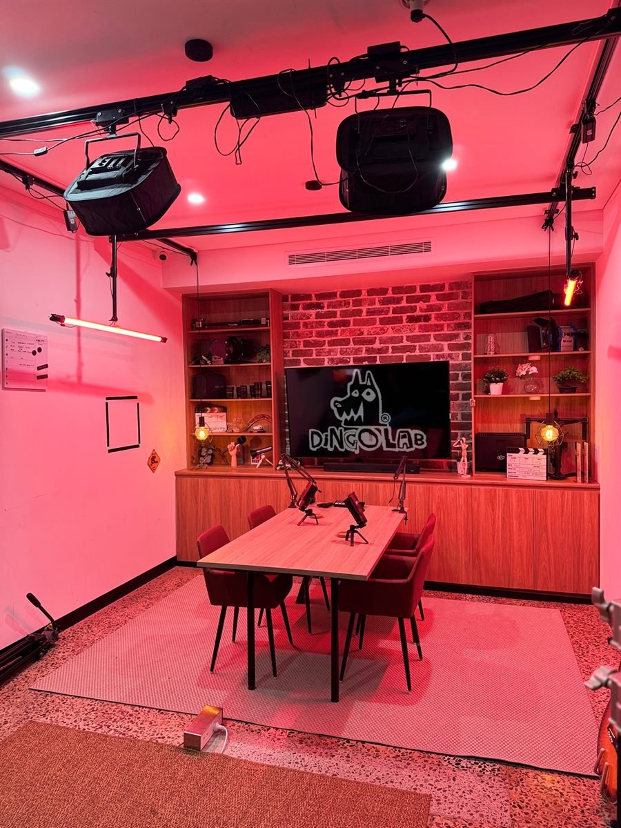 The Dingo Lab podcast set lit in red, showing the same room under different colour